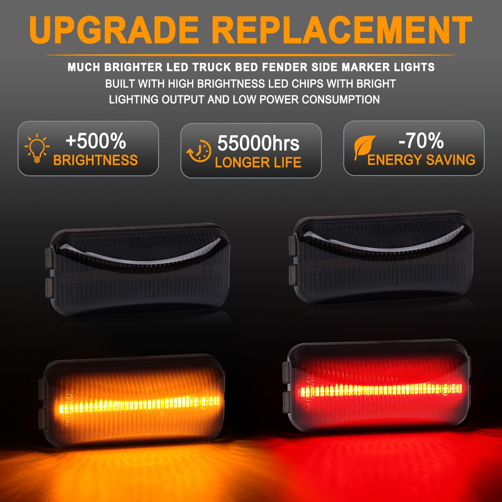 Gempro LED Dually Fender Side Marker Lights for 1984-1996 Ford F250 F350 Amber Red Dual Rear Wheel Trunk Bed Marker Lamps 4PCS, Smoked Len