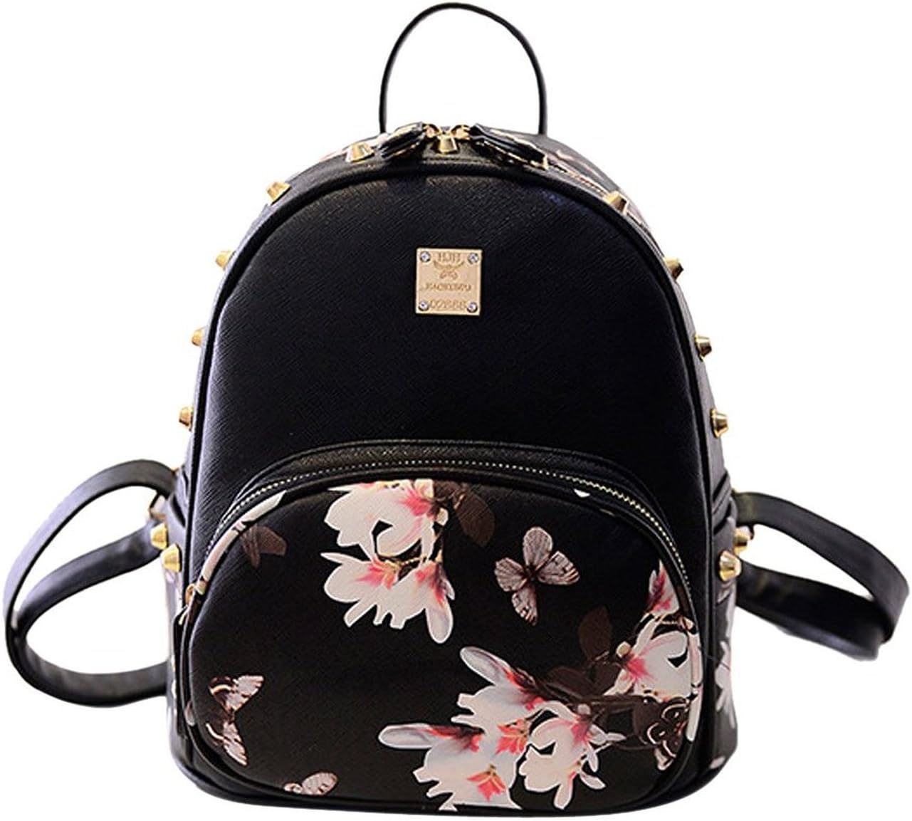 SuperMagic Women's Butterfly Flower Print Studded Backpack Satchel Mini Cute Travel Daypack (Black)