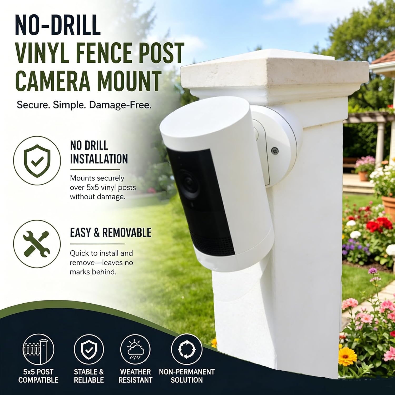 Vinyl Fence Post Camera Mount,for Ring Outdoor Cam Pro and Plus | No-Drill Installation | Removable Camera Mount | 5x5 Fence Post Compatible | Surveillance Camera Housing and Mounting Brackets