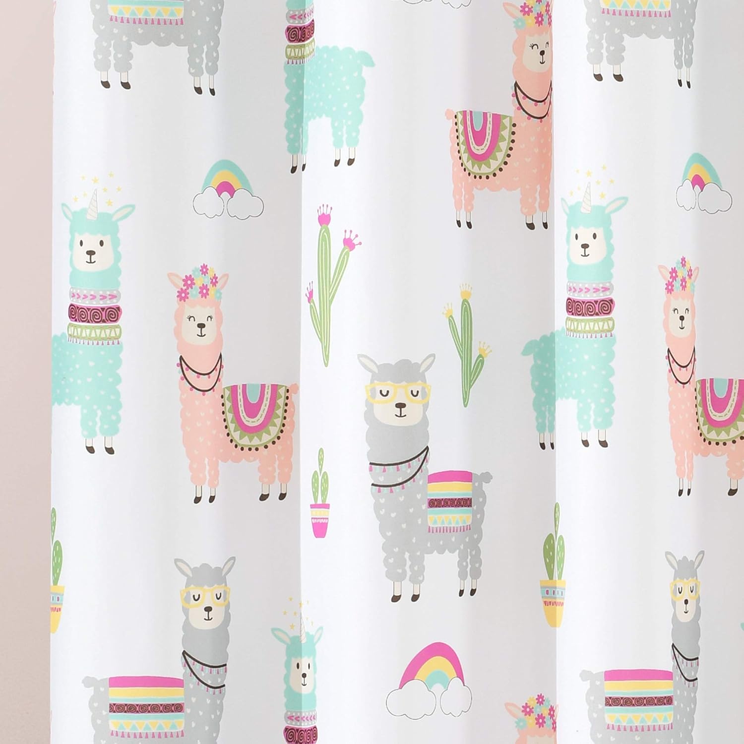 Lush Decor Southwest Llama Cactus Shower Curtain, White & Blush - Cute Colorful Boho Kids Bathroom