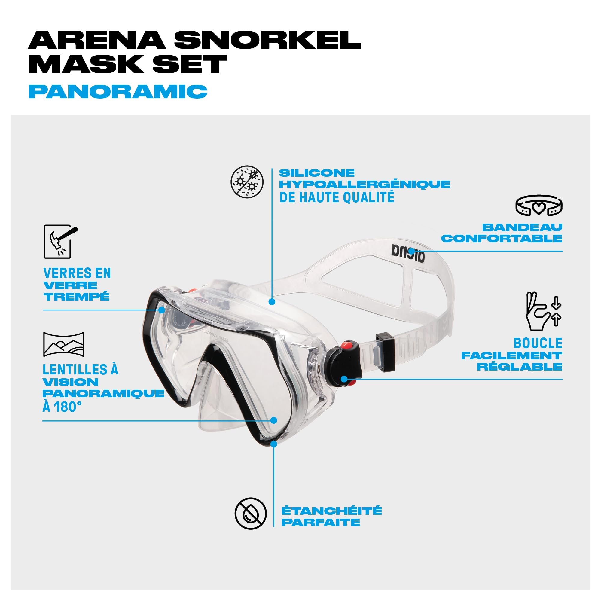 Arena Ensemble Masque Panoramique et Tuba Adulte, Masque de Plongée Unisexe, Masque Panoramique avec Vision Large, Tuba de Plongée avec Technologie Anti-Fuite, Silicone Hypoallergenique
