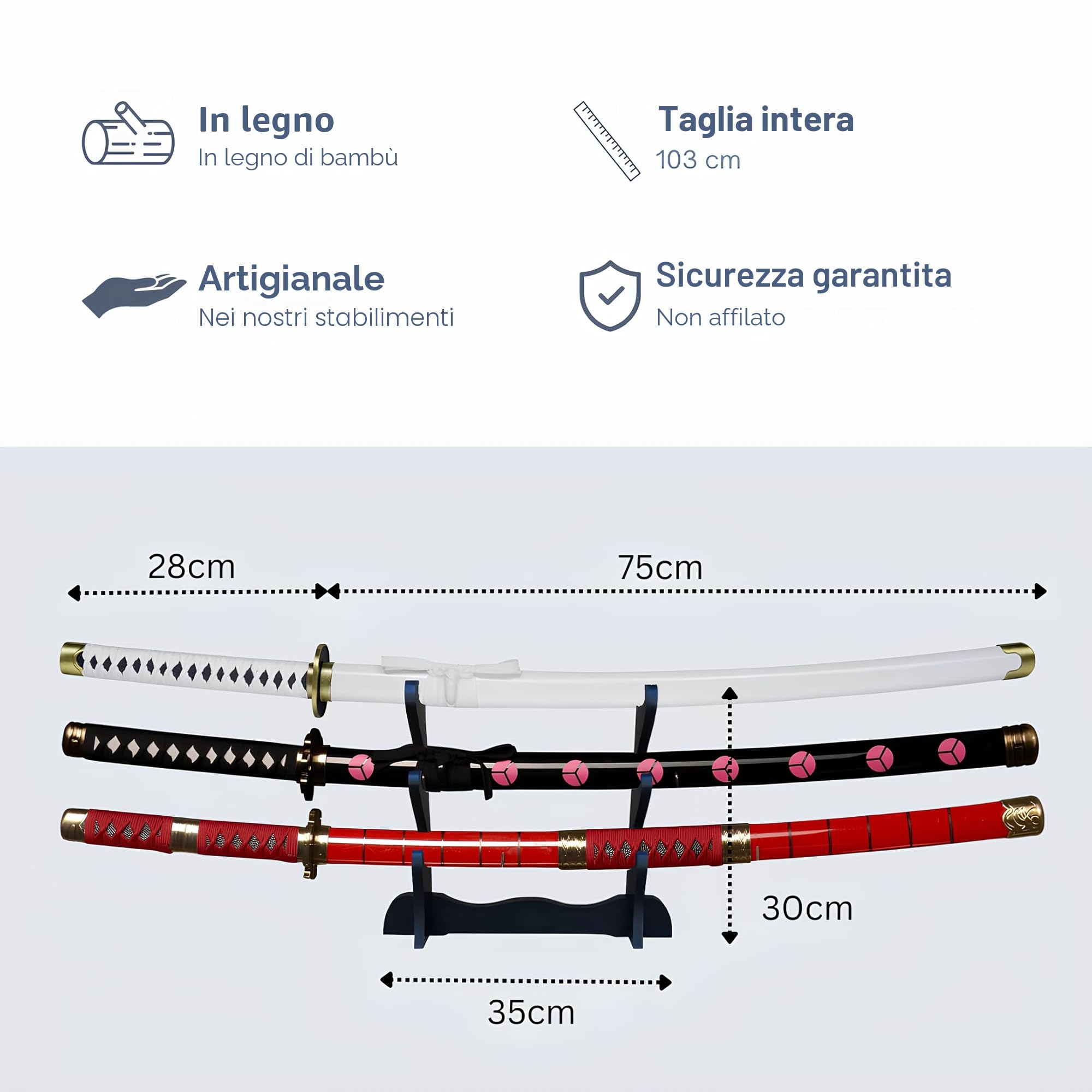Tripla Katana One Piece - Roronoa Zoro Shusui Wado Kitetsu - Tre replica Manga Sciabola + supporto per spada in legno + tripla cintura, SH-511-7WDL