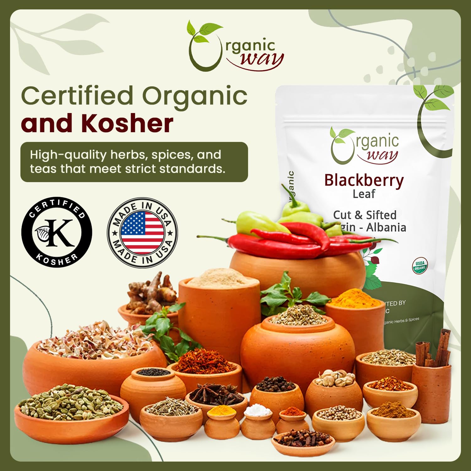 Organic Way Blackberry Leaf (Rubus fruticosus) Cut & Sifted - Herbal Tea | European Wild-Harvest | Organic & Kosher Certified | Non GMO & Gluten Free | USDA Certified | Origin - Albania (1 LBS)
