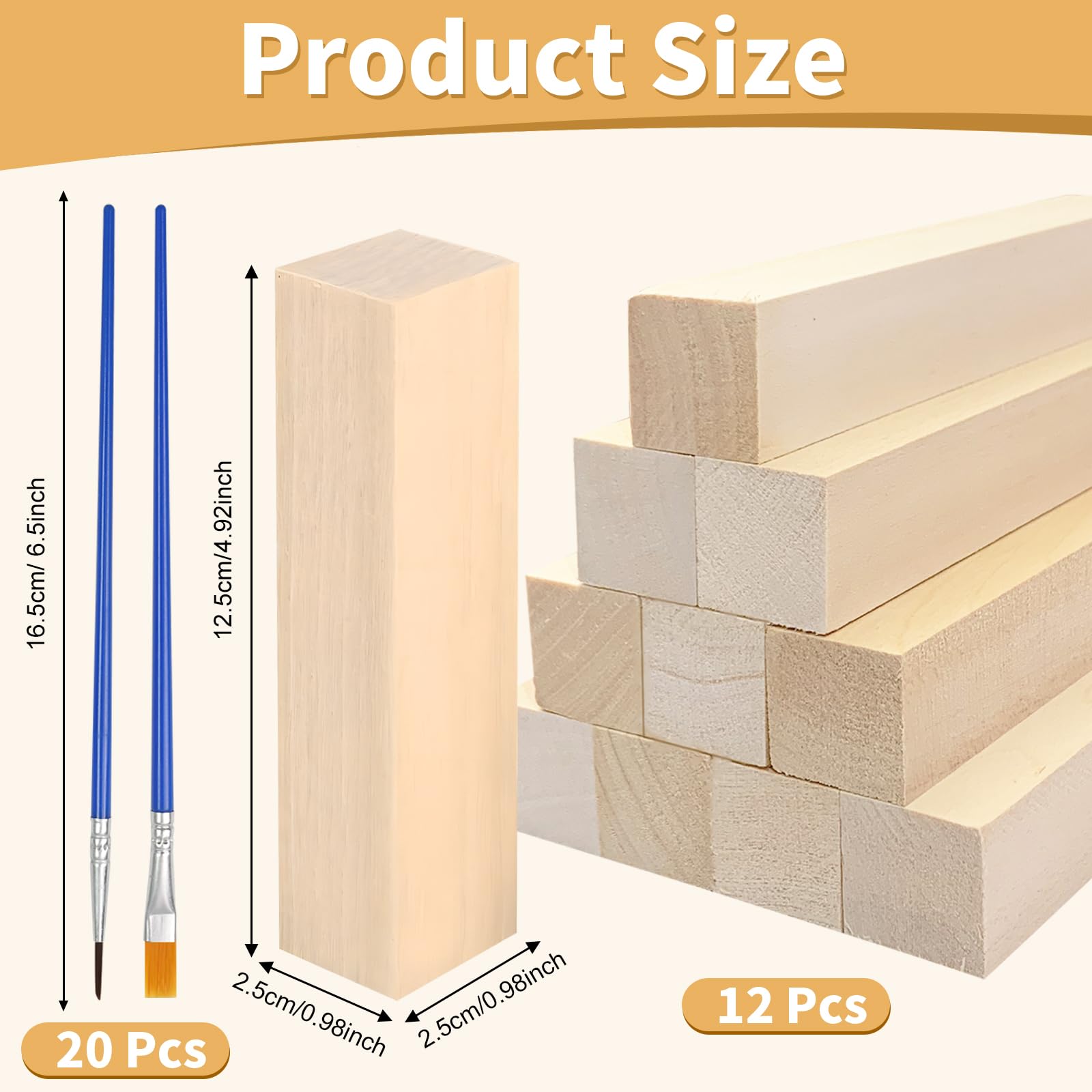 12 Pieces Linden Wood Blocks, 12.5x2.5x2.5 cm Hand-Carved Wood - Image 2
