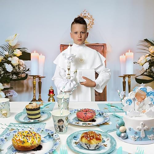 Miniatura 6 de Juego de 112 platos y servilletas azules para comunión Mi Primera, platos de bautismo y servilletas para niños para la primera comunión, suministros