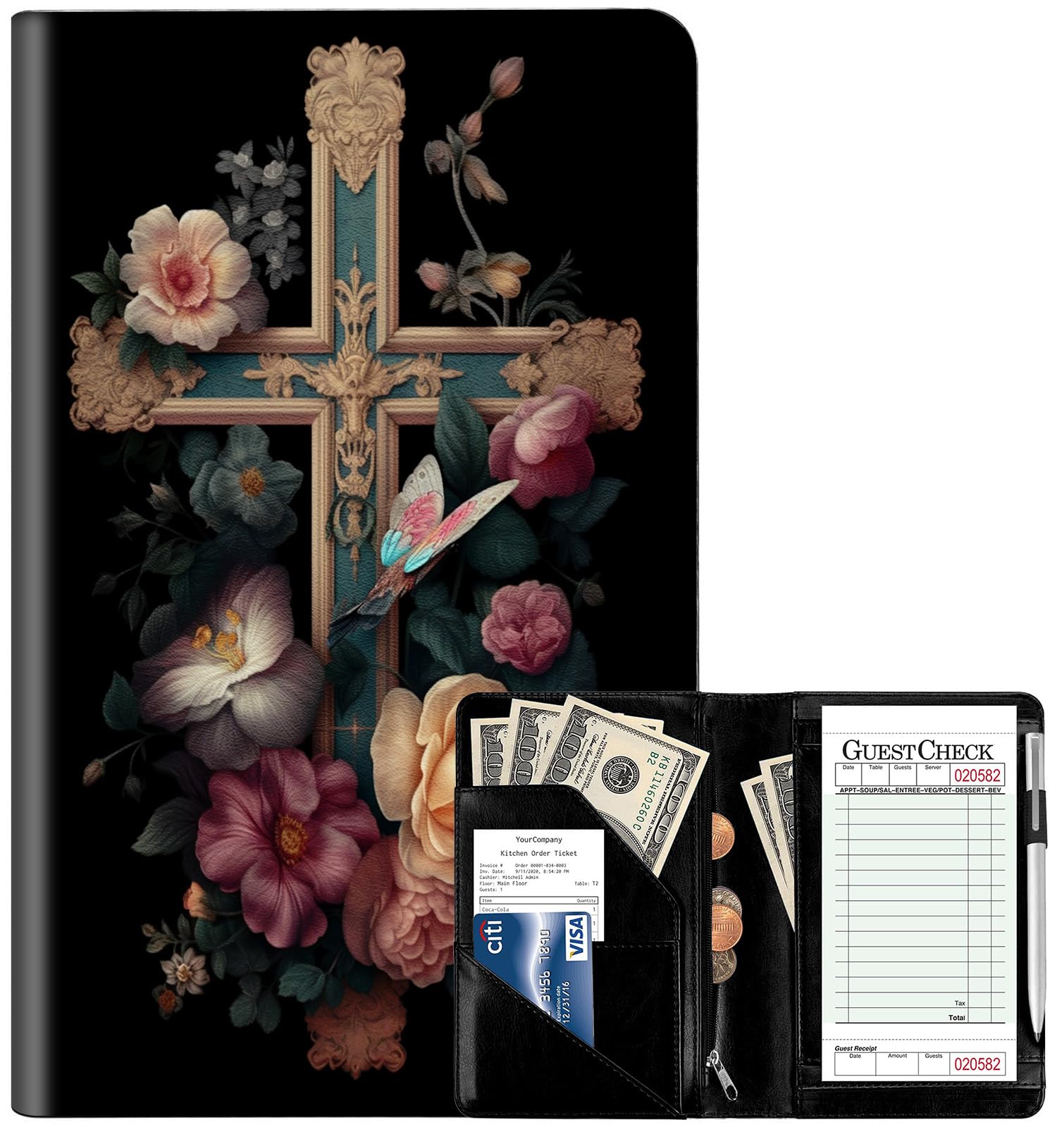 Server Book for Waitress, Leather Waiter Book Server Wallet with Zipper Pocket, Cute Waitress Book & Waitstaff Organizer with Money Pocket Fit Server Apron, Cross Flower