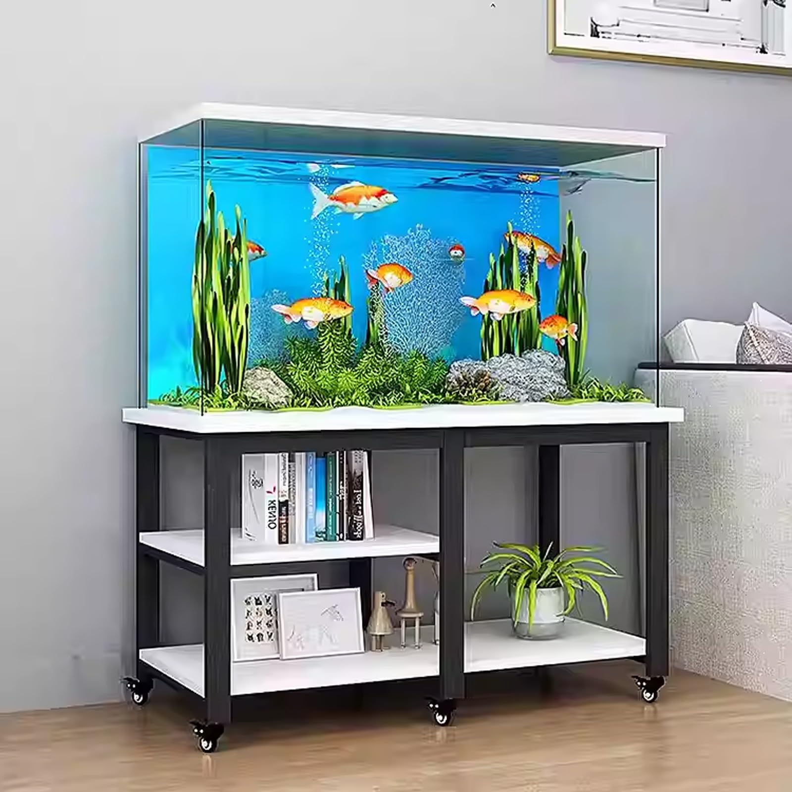 Aquarium Stand with Wheels, Metal and Wood Fish Tank Stand, Large-capacity Storage, Durable and Versatile, Suitable for Bedrooms and Home Offices(Style B,50x40cm/19.7x15.8in)