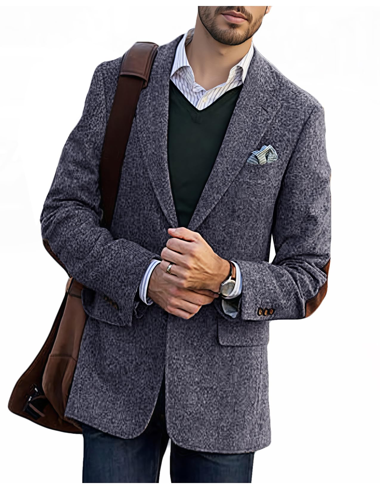 VENNYNG Men's Elbow Patch Mens Blazer Slim Fit Sport Coat Two Button Suit Jackets Tweed