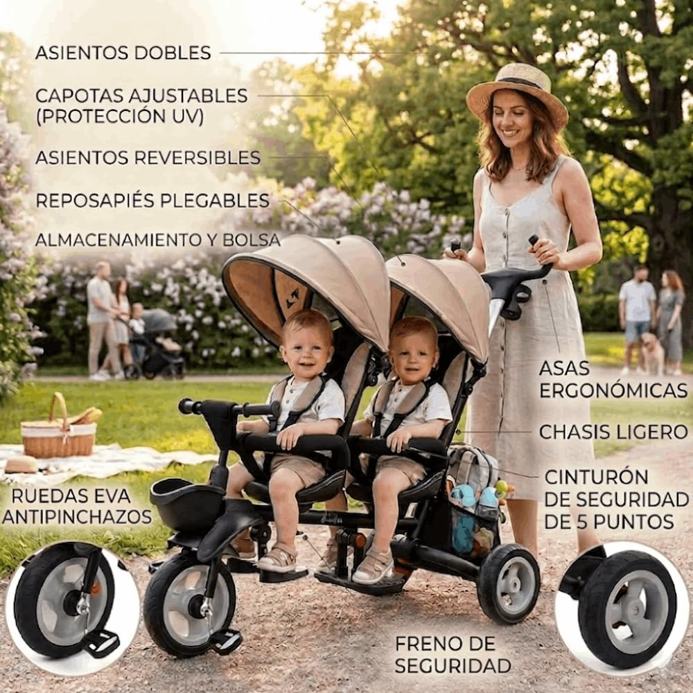 QPlay Triciclo Evolutivo Bebé para Dos | Triciclo para Gemelos o Mellizos, para Bebes Desde 10 Meses hasta los 36 Meses, Paseos en Familia