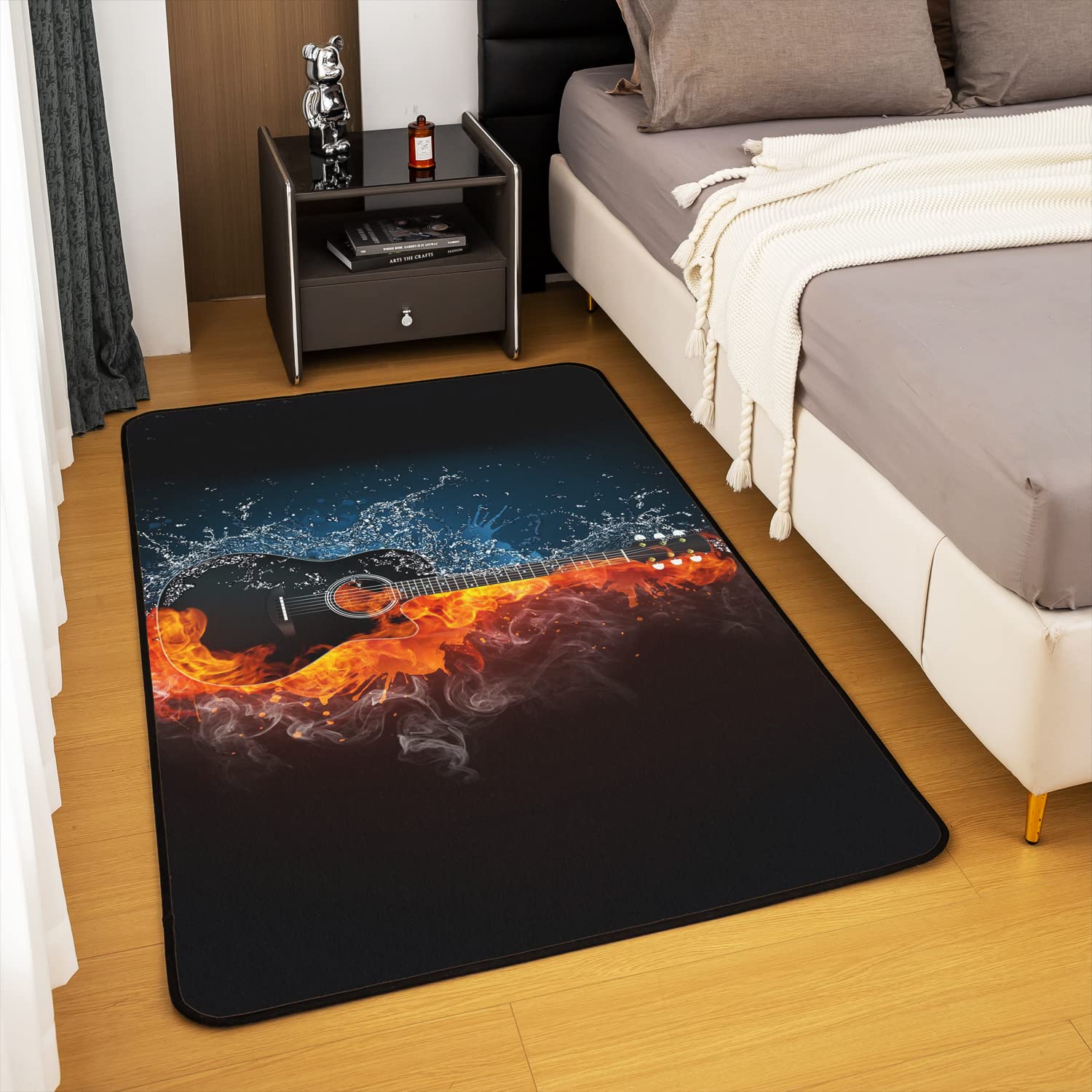 Loussiesd Tappeto per chitarra Rock Musica Decorativa Arredamento per la Casa Strumento Musicale Ghiaccio e Fuoco Oro Blu Popstar Party Accent Tappeto 100 x 150 cm