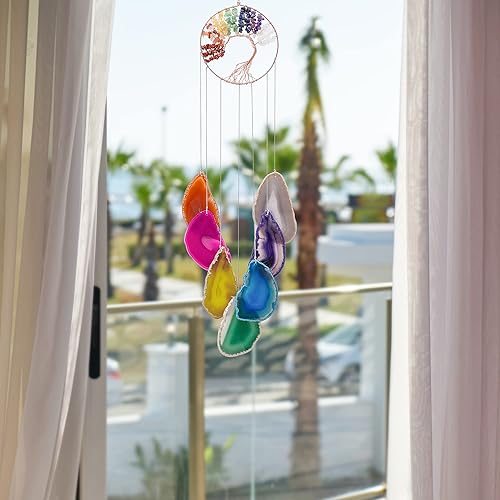 Miniatura 6 de Yoption Campanilla de viento conmemorativa del árbol de la vida de 7 chakras, ágata de cristal natural para decoración de interiores y exteriores,