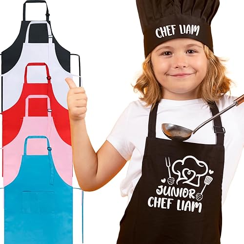 Miniatura 3 de Juego de delantal personalizado para niños con sombrero, delantal ajustable impermeable con 2 bolsillos para cocinar, hornear, pintar y arte, regalo