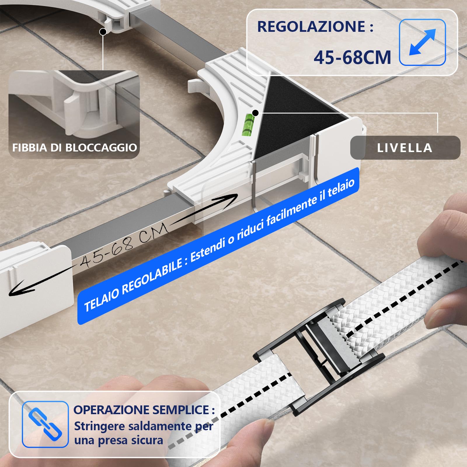 Slimline - Kit impilabile per lavatrice e asciugatrice, telaio universale per elettrodomestici da 45-68 cm, design salvaspazio con cinghia a cricchetto e 4 ganci multifunzione (bianco)