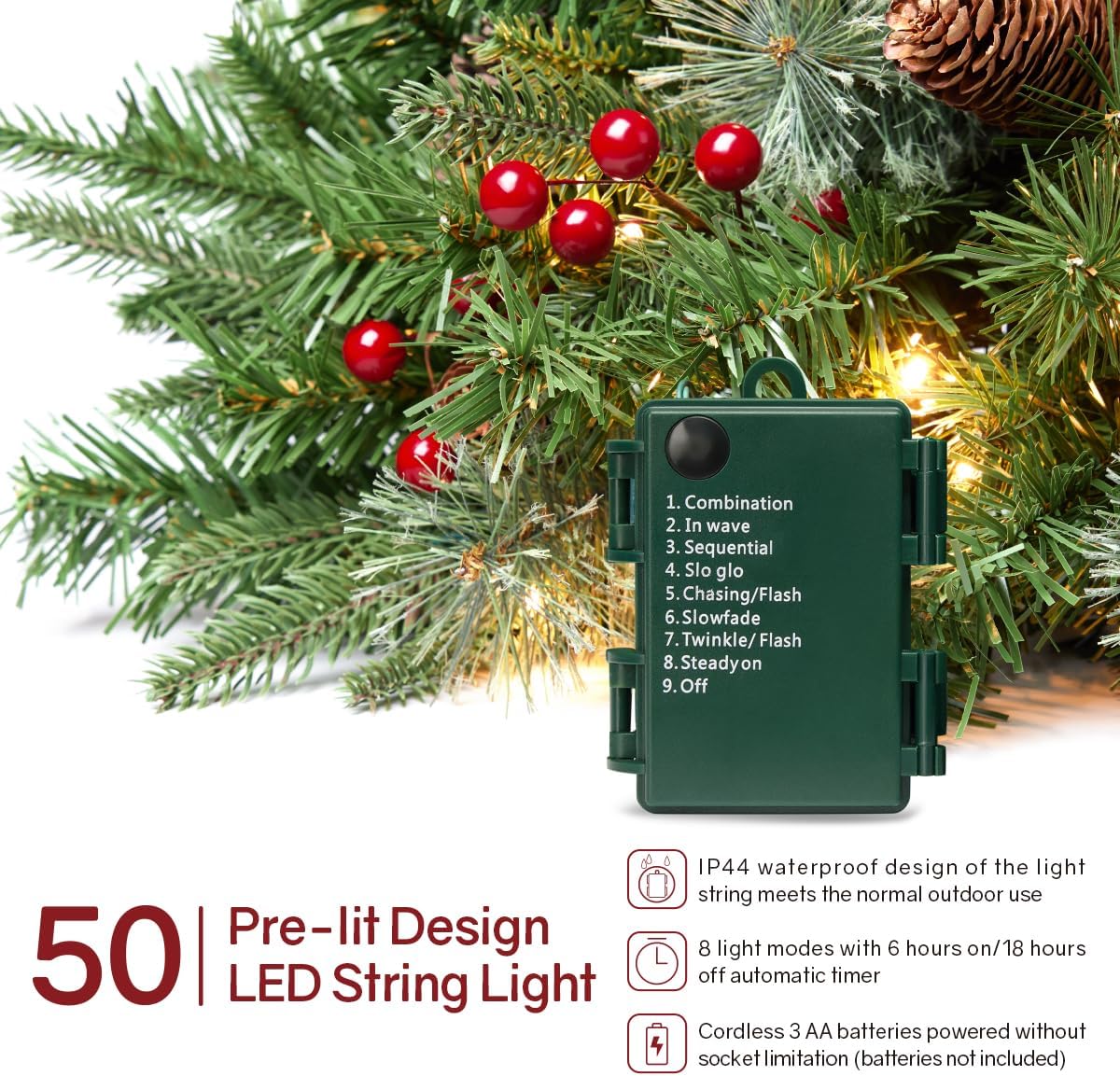 Somikis Set of 2 Outdoor Christmas Tree Urn Filler, Battery Operated Pre-lit Artificial Small Xmas Tree, w/LED Lights and Pine Cones & Red Berries, 22 Inch