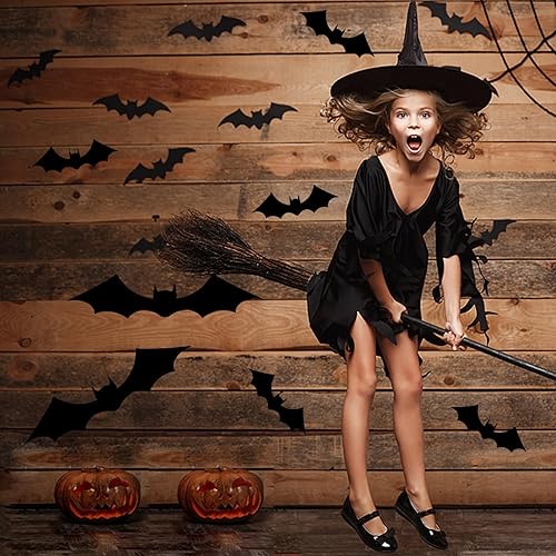 Miniatura 6 de 96 piezas de murciélagos para decoración de pared de murciélagos negros 3D, calcomanías de decoración de murciélagos negros en 4 tamaños,