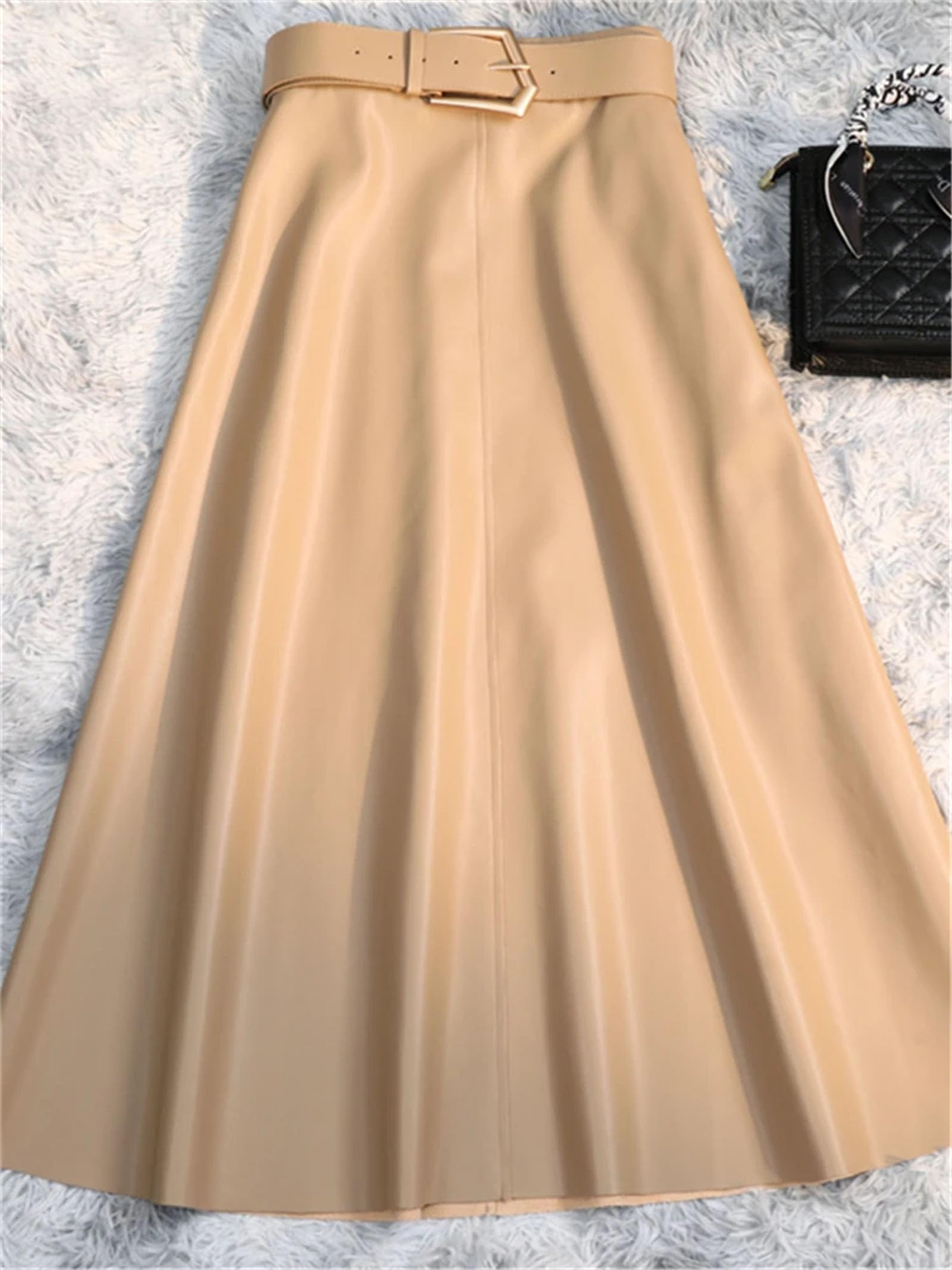 Donne Inverno Classico Faux PU Pelle Gonne Lunghe con Cintura Vita Alta Midi Gonne Femminili