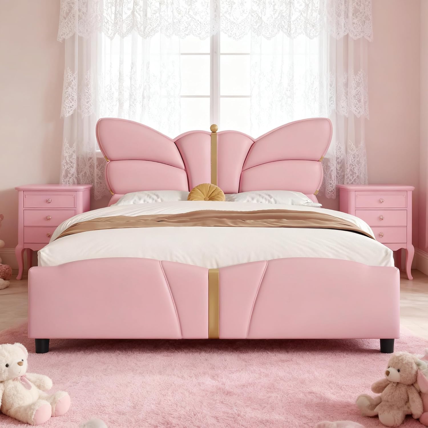 Pink Bed Frame with Butterfly Headboard and Footboard Full Size PU Leather Upholstered Platform Bed with Gold Decor Wooden Slat Support Noise-Free No Box Spring Needed