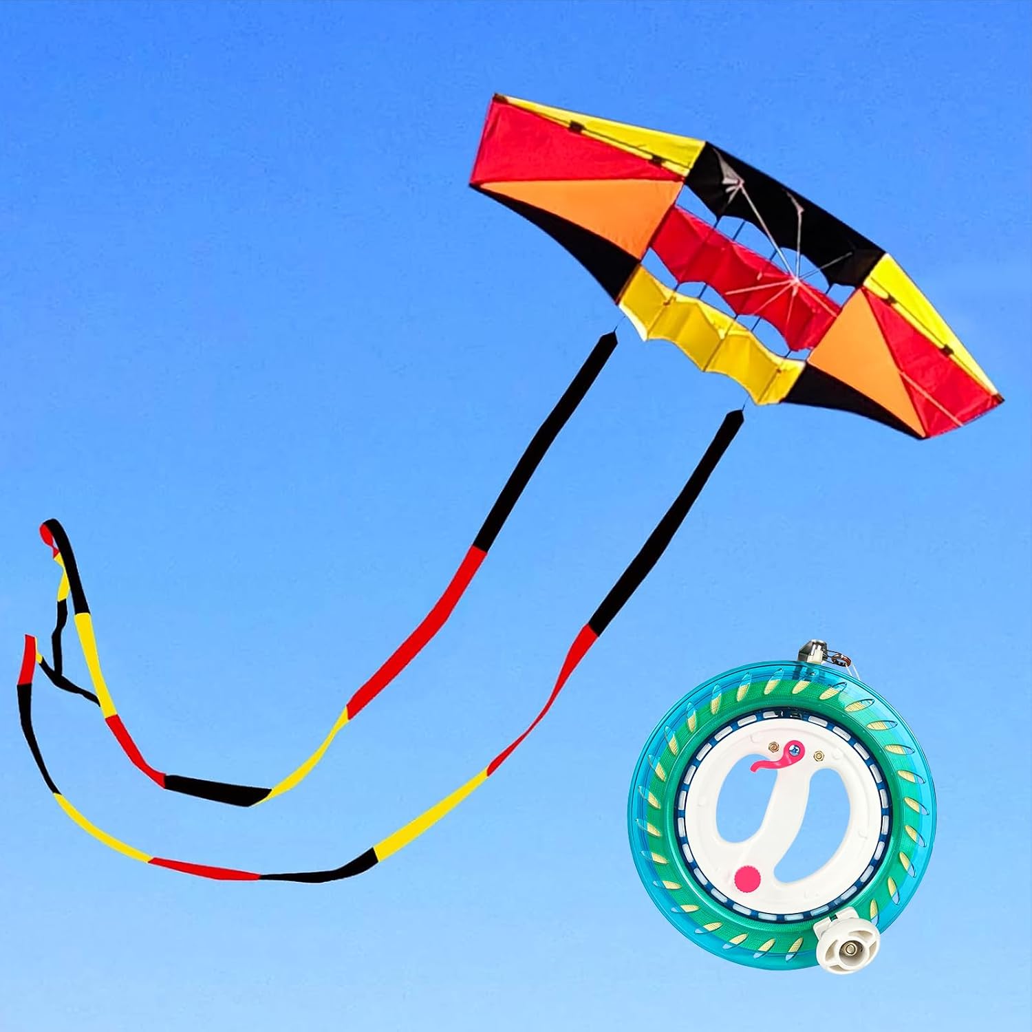 98in Beach Kites for Adults Large with Long Tail& 9in Kite String Reel Winder for Adults with Brake and 1640ft String
