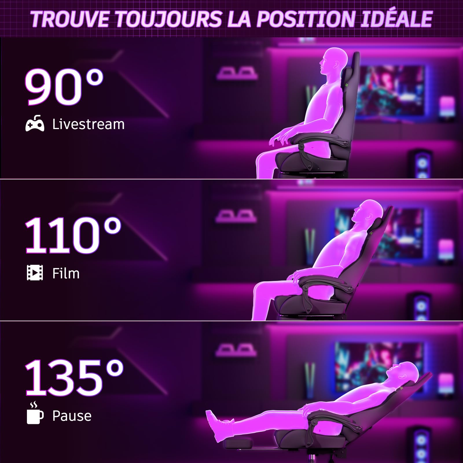 Soontrans Chaise Gaming Fauteuil Gaming avec Massage Lombaire Siege Gaming avec Repose-Pieds Rétractable et Oreiller Dossier Inclinable à 135 Charge 150 kg (Cuir Gris)