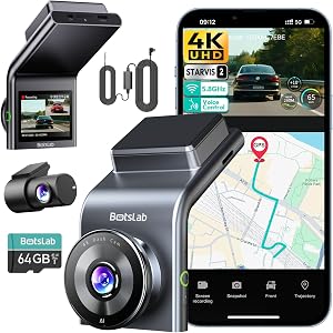 BOTSLAB 4K Dual Dash Cam Front and Rear with Type-C Hardwire, STARVIS 2 Sensor, Voice Control, 170° Wide Angle, 64GB Card Included, 5GHz WiFi, Built-in GPS, WDR Night Vision, 24H Parking Mode