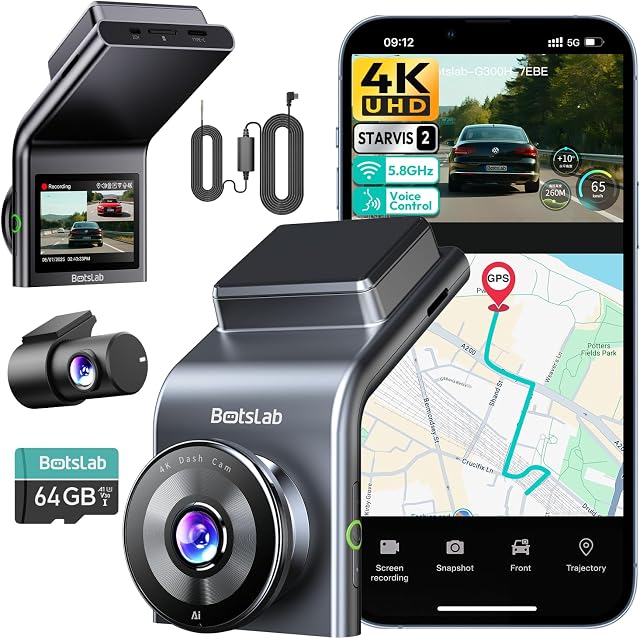 Caméra de tableau de bord BOTSLAB 4K double avant et arrière avec câblage Type-C, capteur STARVIS 2, contrôle vocal, angle large de 170°, carte de 64 Go incluse, WiFi 5GHz, GPS intégré, vision nocturne WDR, mode de stationnement 24H