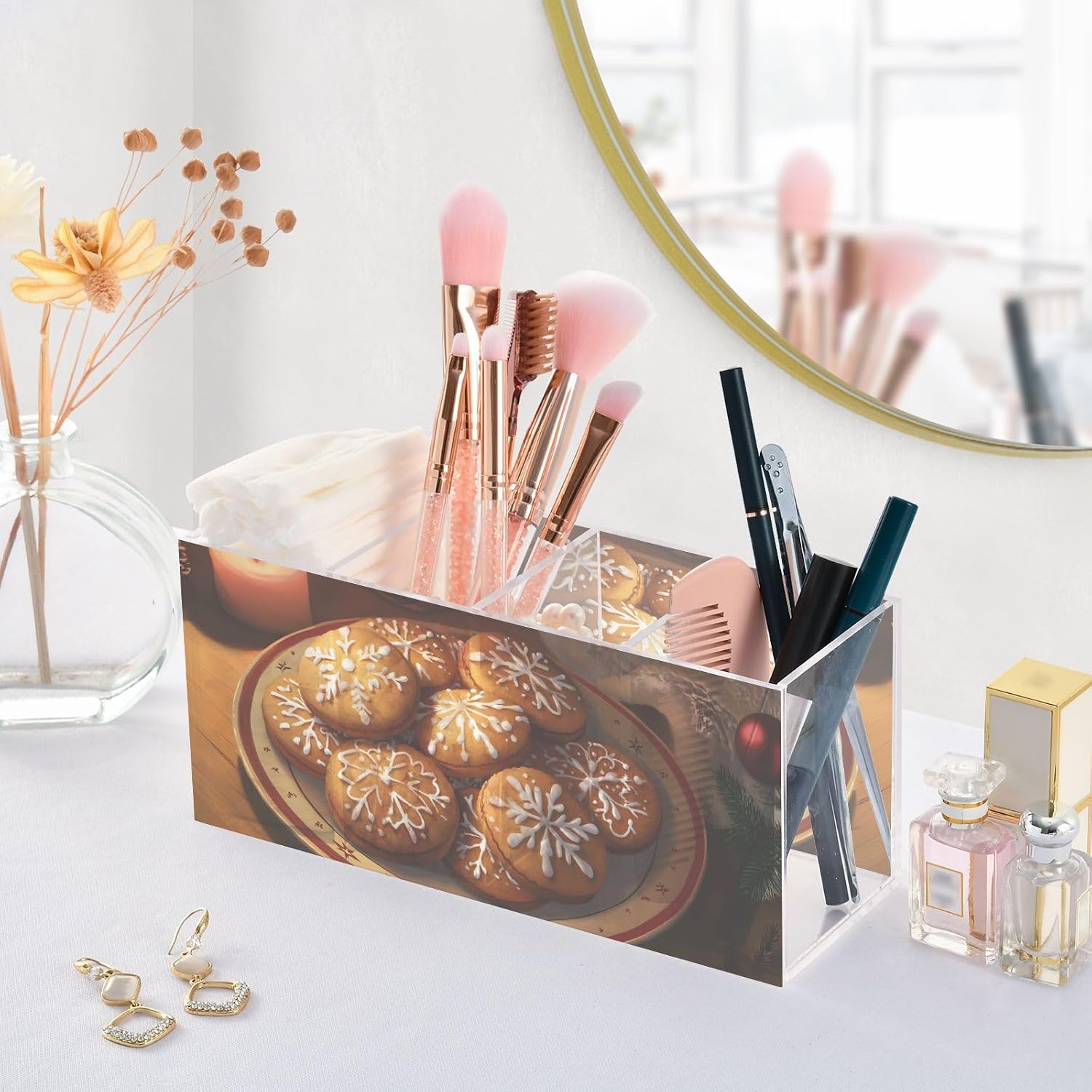 Christmas Cookie Closeup Acrylic Pen Holder 4 Compartments Funny Cute Cool Anime Acrylic Pen Organizer Pencil Holder for Desk Hair Brush Holder image 5