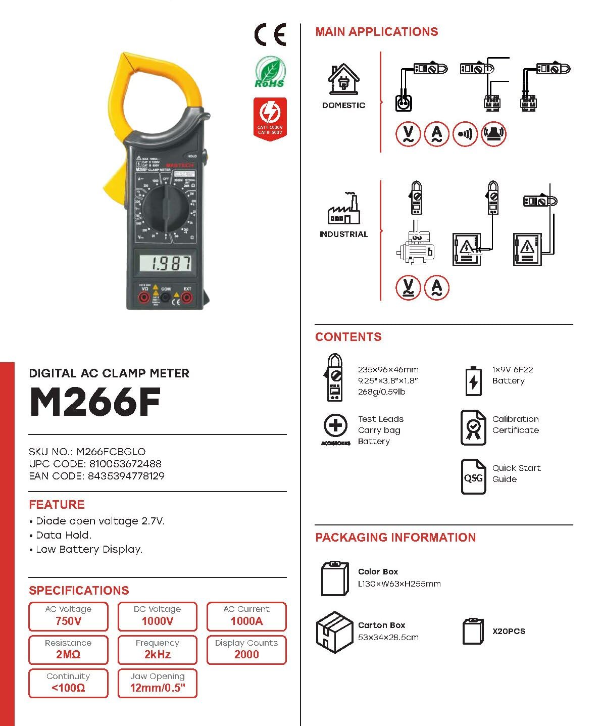 MGL MASTECH M266 M266C M266F Digital Clamp Meter Current Pliers Voltage Circuit Tester Pincers Multimeter Homeheld Professional Electrical Tool(M266F)