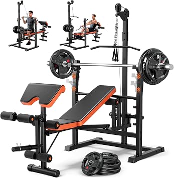 Fostoy Olympic Weight Bench with Lat Pulldown, Squat Rack & Leg Curl