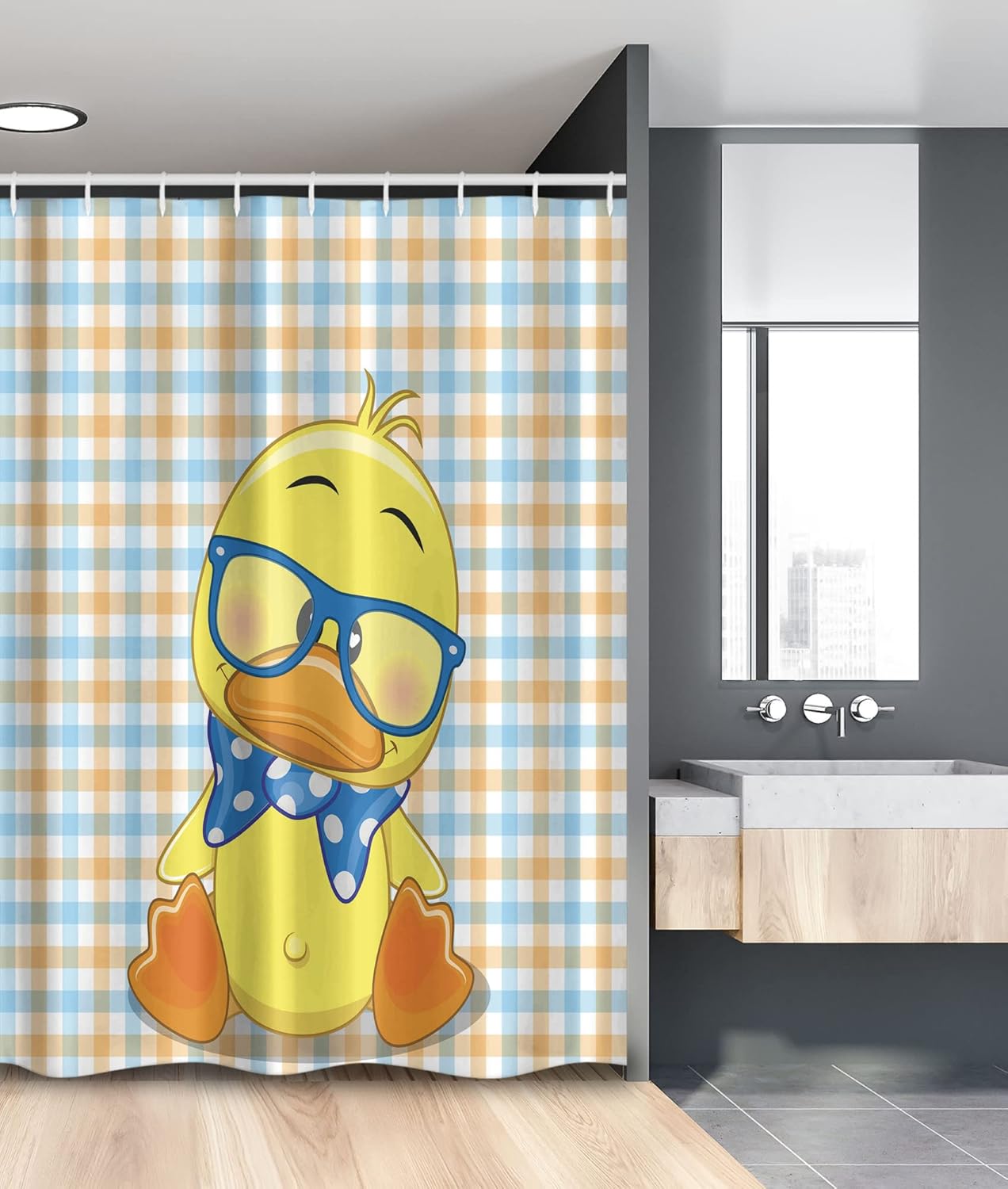 Ambesonne Cartoon Stall Shower Curtain, Hipster Boho Duck Dotted Bow Cool Free Smart Geese Design, Fabric Bathroom Decor Set with Hooks, 54" W x 78" L, Orange Yellow Blue