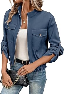 EVALESS Womens Zip Up Jacket Roll Tab Sleeve Flap Pocket Drawstring Hem Utility Lightweight Cropped Jackets