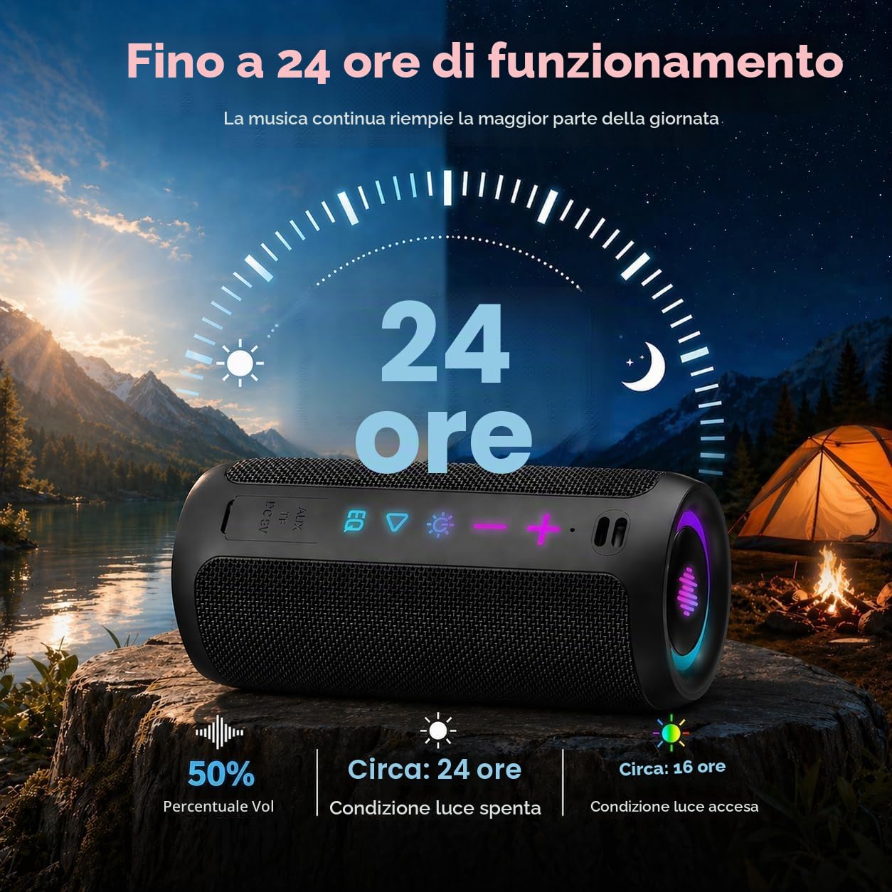 TIMU Cassa Bluetooth Portatile Potente, Altoparlante Bluetooth 5.4 con 2 Modalità EQ, IPX7, TWS, 24H di Autonomia, 8 Modalità RGB, Cinghia da Trekking, Compatibile con PC, AUX, TF