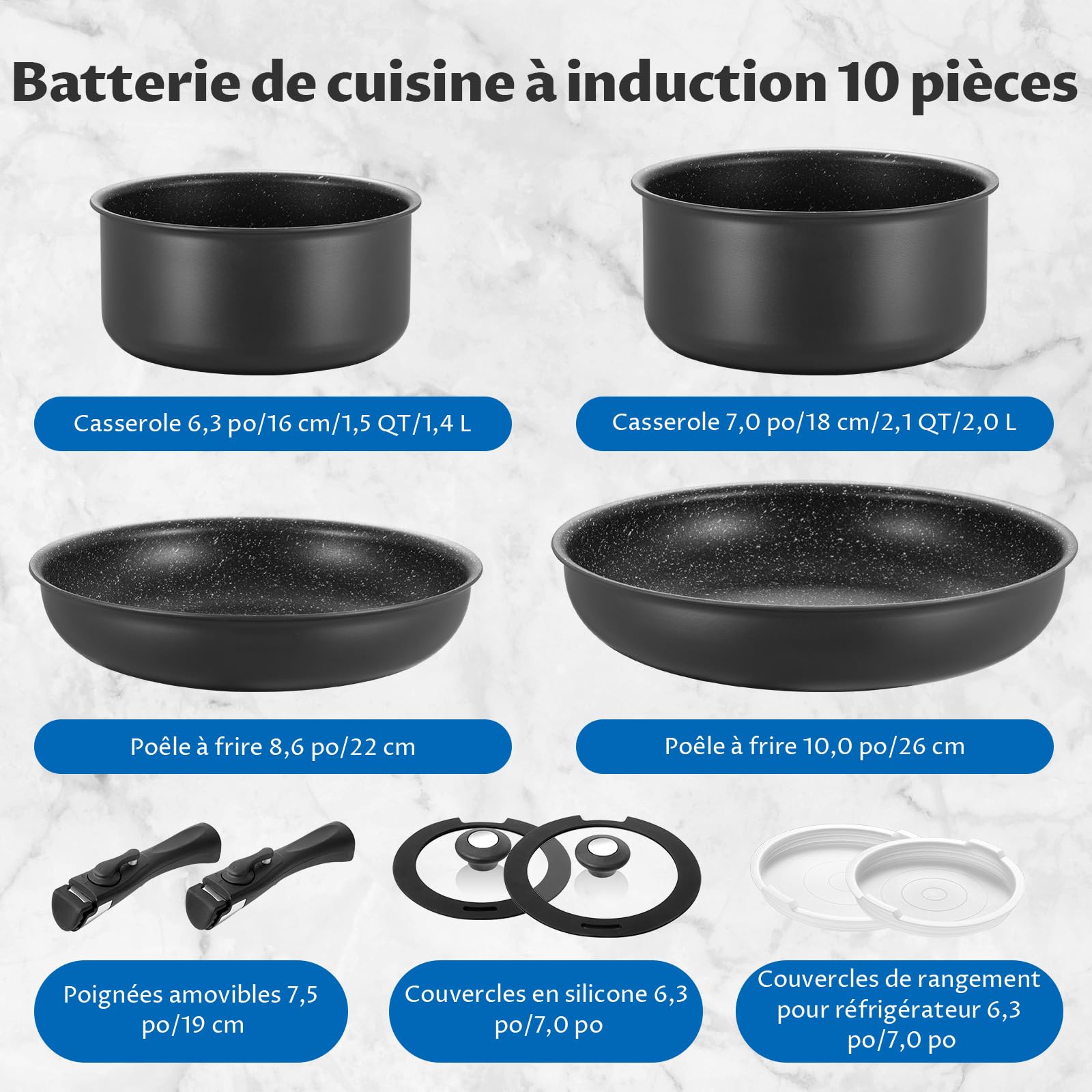 BEZIA Batterie de Cuisine Induction, 10 Pièces Set de Casseroles et Poêles | Revêtement Antiadhésif Sans PFOA, Non Toxique, Compatible Induction, Poignées Amovibles, Empilable, Pour le Camping