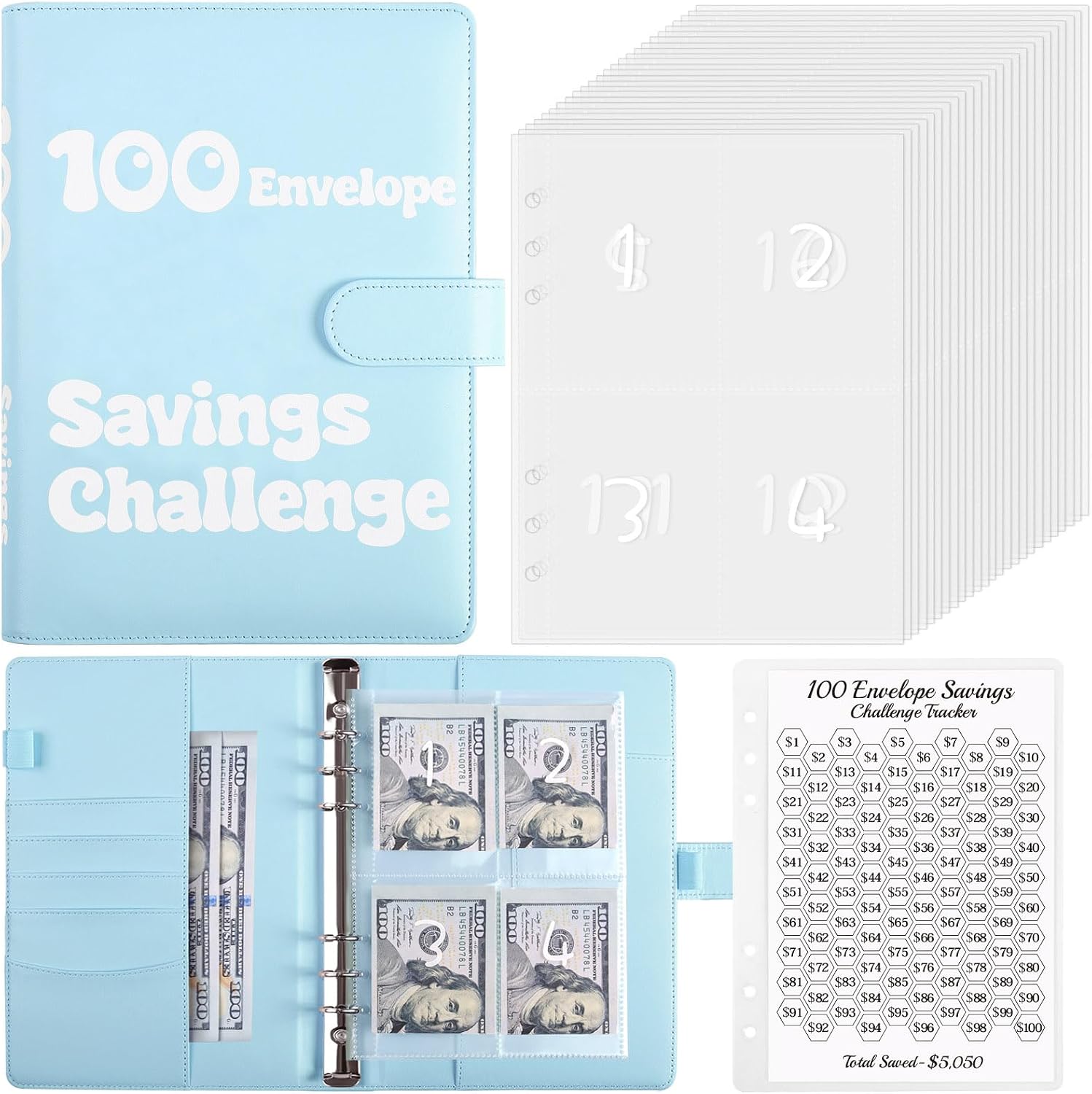 100 Envelopes Money Saving Challenge Binder, A5 Savings Binder with Cash Envelopes, Budget Binder for Planning and Saving $5050, Blue
