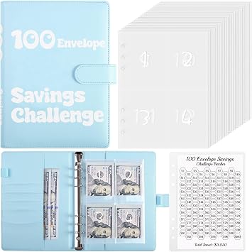 100 Envelopes Money Saving Challenge Binder, A5 Savings Binder with Cash Envelopes, Budget Binder for Planning and Saving $5050, Blue
