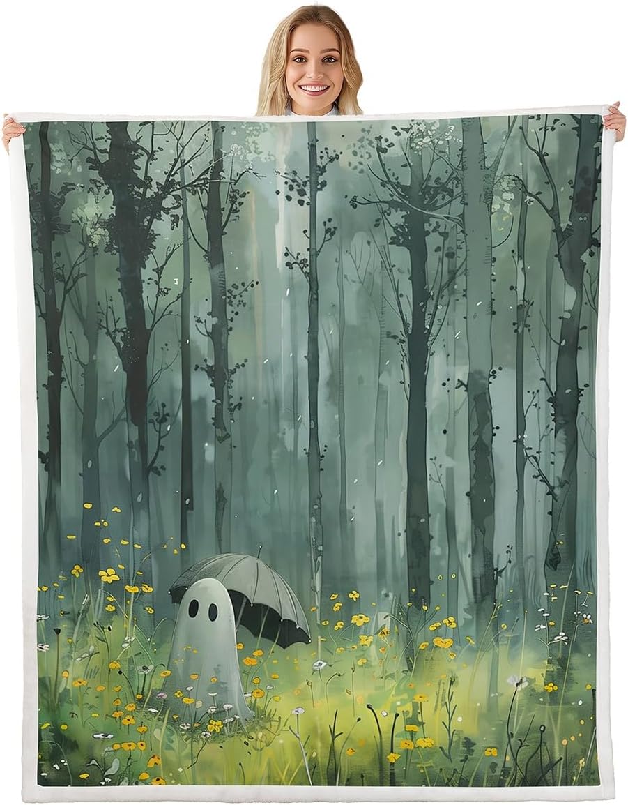 Cartoon Ghost Flannel Blanket,Watercolor Halloween Theme Print Fuzzy Blanket for Children Present,Yellow Floral Green Natural Plant Polyester Throw Blanket for Couch, Twin Size (60 x 80 Inch)