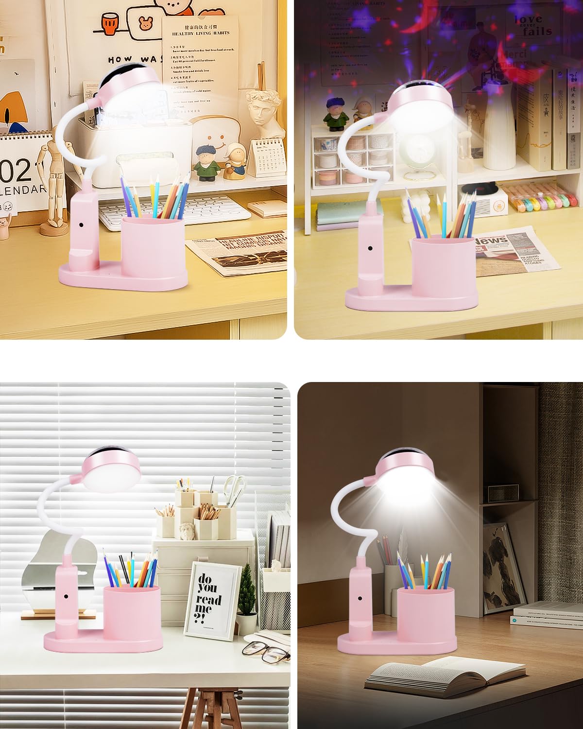 TechKen Lámpara de Escritorio para Niños, Lámpara de Noche LED Regulable Flexo LED para Lectura con Portalápices Lámpara de Mesa de Estudio Cuello de Cisne con Ces Proyección de Estrella | Regulable Niveles de brillo, lámpara recargable de cuello de cisne