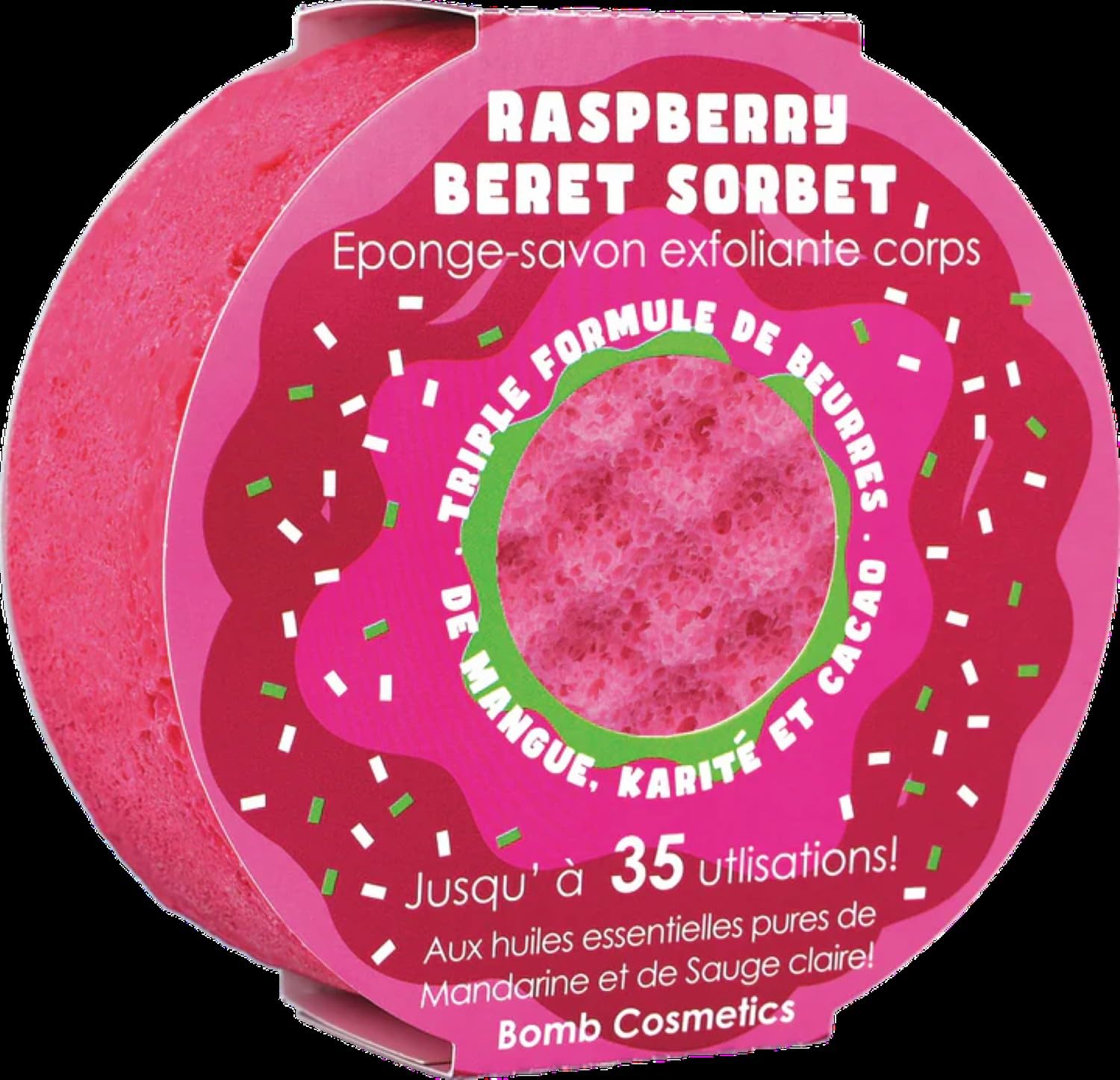 Bomb Cosmetics Body Buffer Soap Infused Sponge 2 in 1 Cleanse Exfoliate Moisturising Triple Butter Sponge with Soap Inside Raspberry Beret Sorbet