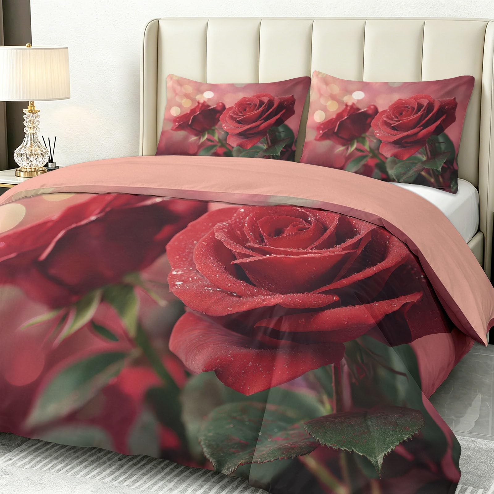 3-częściowy komplet pościeli 200 x 200 cm, wzór roślinny, kwiatowy wzór, na lato, z mikrofibry, czerwona, zielona, tradycyjne, romantyczne czerwone róże, dwustronna poszwa na kołdrę z zamkiem