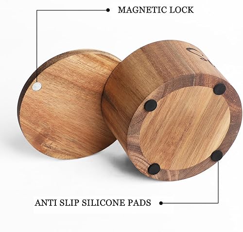 Miniatura 5 de Caja de especias de madera de acacia con cubierta giratoria para encimera de cocina, conservador de sal con cuchara integrada, moderno decorador de