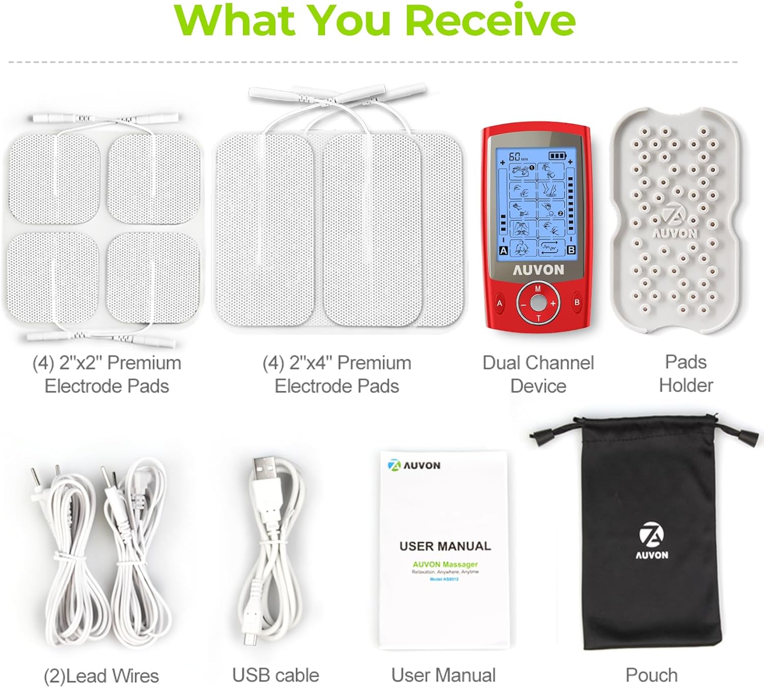 Contents of the AUVON TENS unit package, including the red TENS device, various electrode pads, lead wires, USB cable, user manual, pad holder, and a black storage pouch.