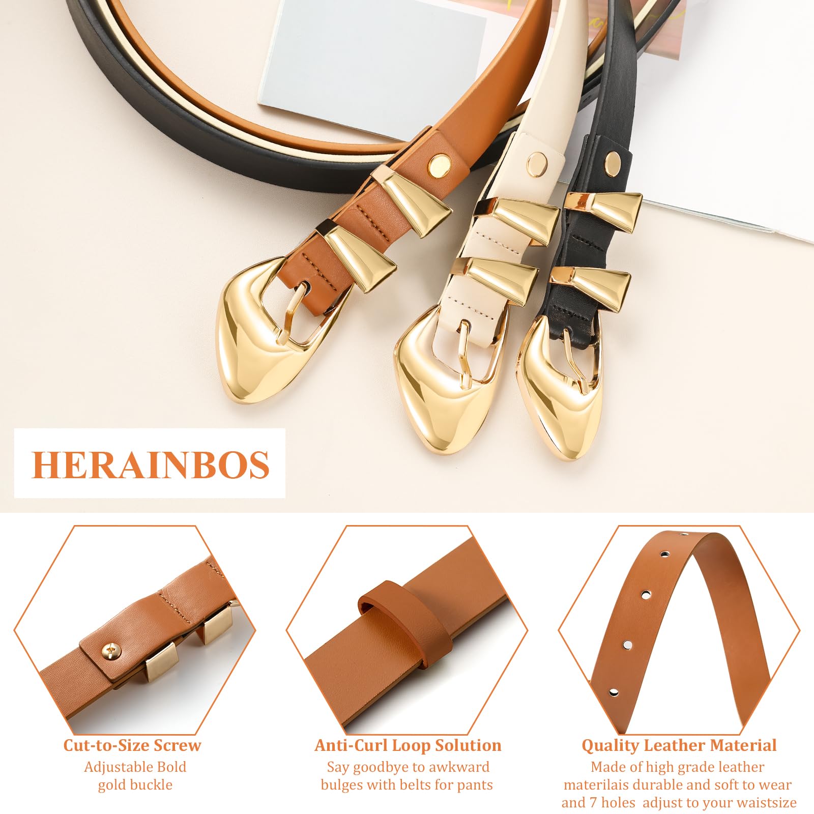 HERAINBOS Skinny Belt, Black Leather Belt Women Belts for Jeans Dresses Pants with Adjustable belt Buckle 1” Width