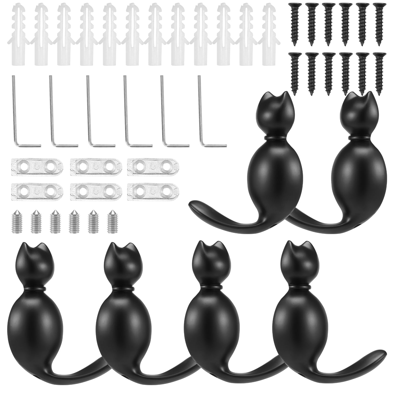 Bpyhebe 6Pcs Decorative Wall Mounted Hooks,Cute Cat Shape Towel Hook with Screws Zinc Alloy Clothes Hanger Easy Install for Hat Clothes Purse,Black