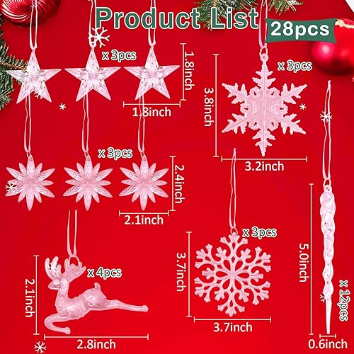 Miniatura 2 de 28 adornos de cristal para decoración de árbol de Navidad, acrílico colgante de Navidad, copos de nieve, carámbanos, renos, adornos de cristal para