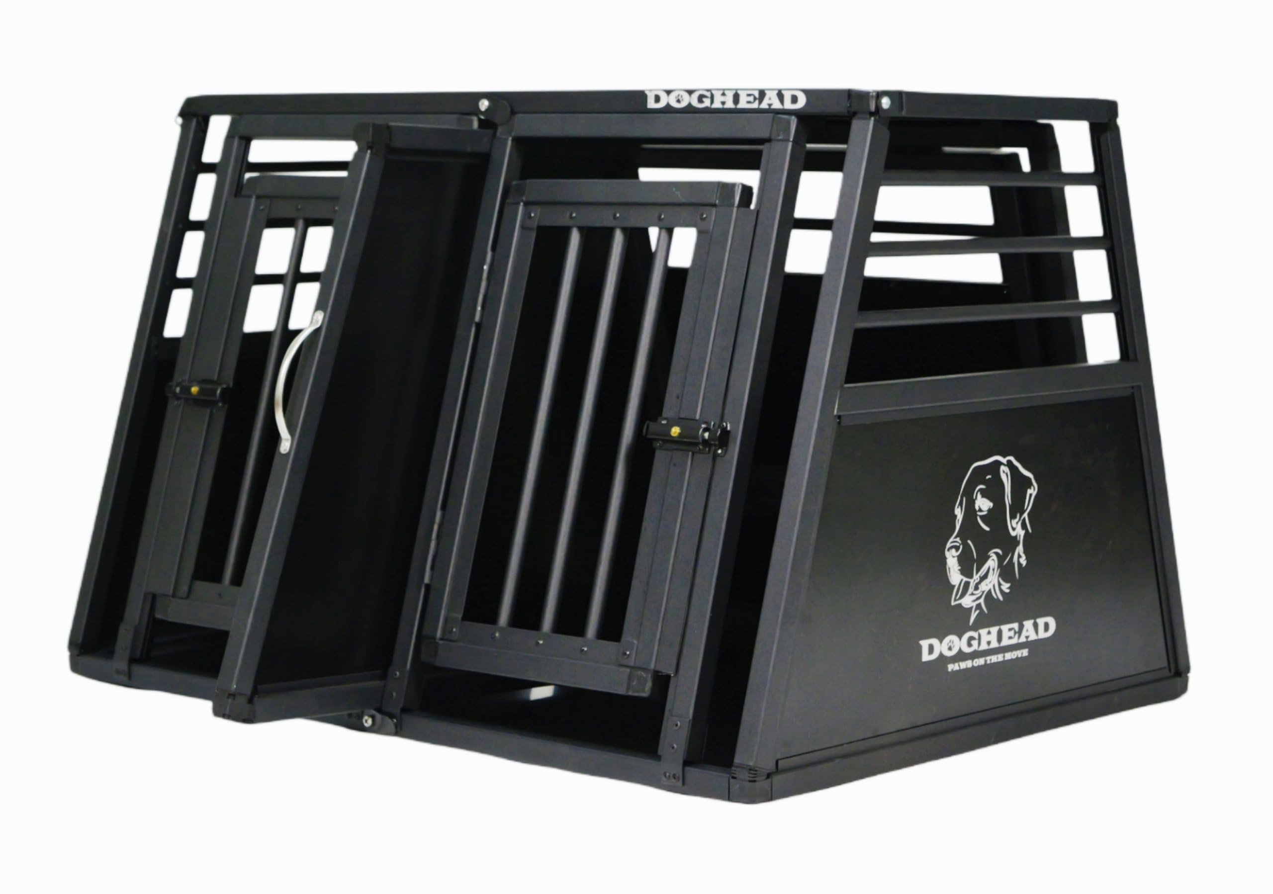 DOGHEAD Hundetransportbox Proline, Double 95x75x63 cm, Schwarz, Aluminium, Beidseitig Abgeschrägt 75°, mit Notausstieg, Keine Kombibox