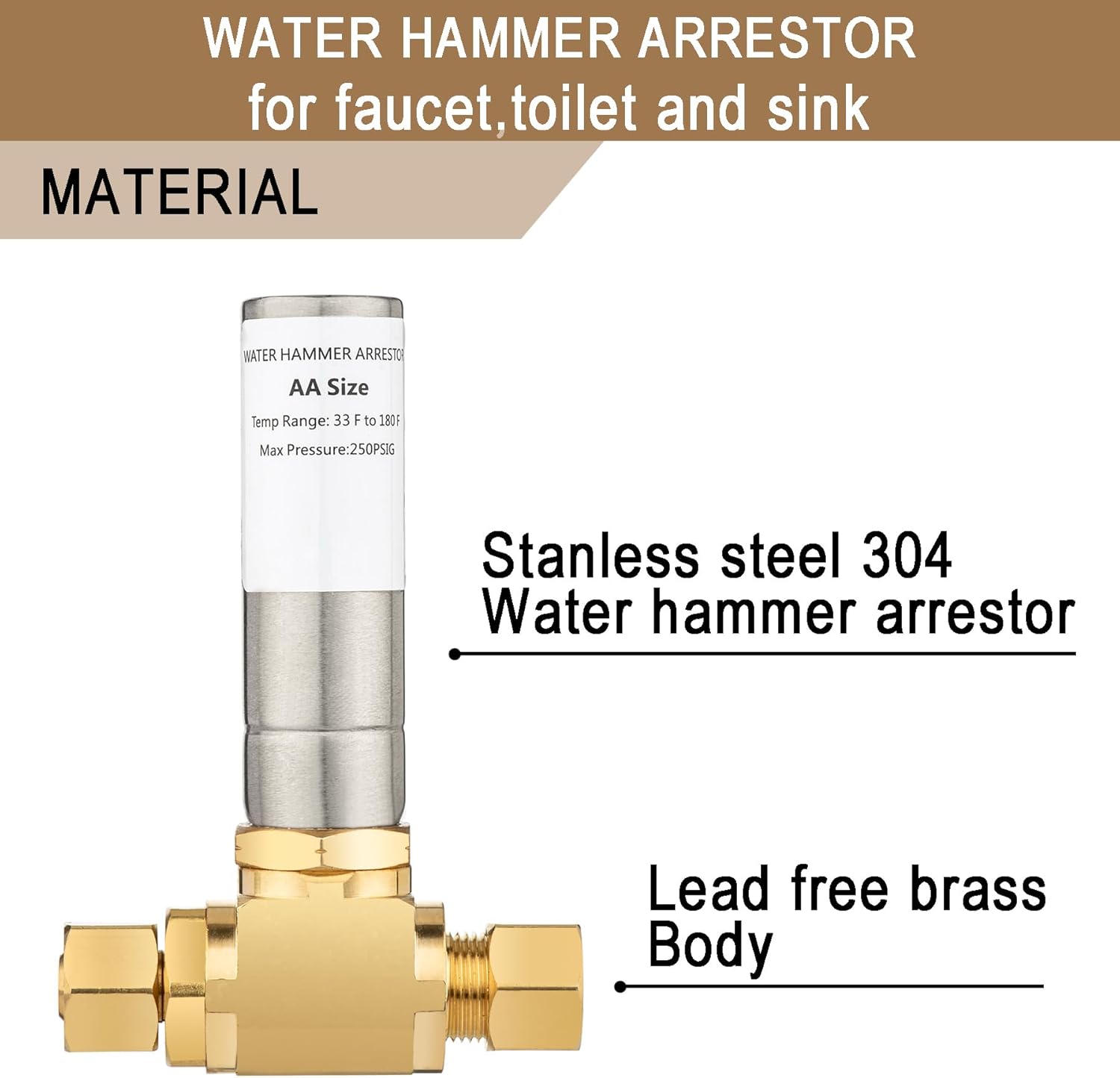 [2 Pieces] Lingmfg Sink Toliet Water Hammer Arrestor 3/8 Inch Male Compression and 3/8 Inch Female Compression Reduce Banging Noise LING-FWHA38-SS-2