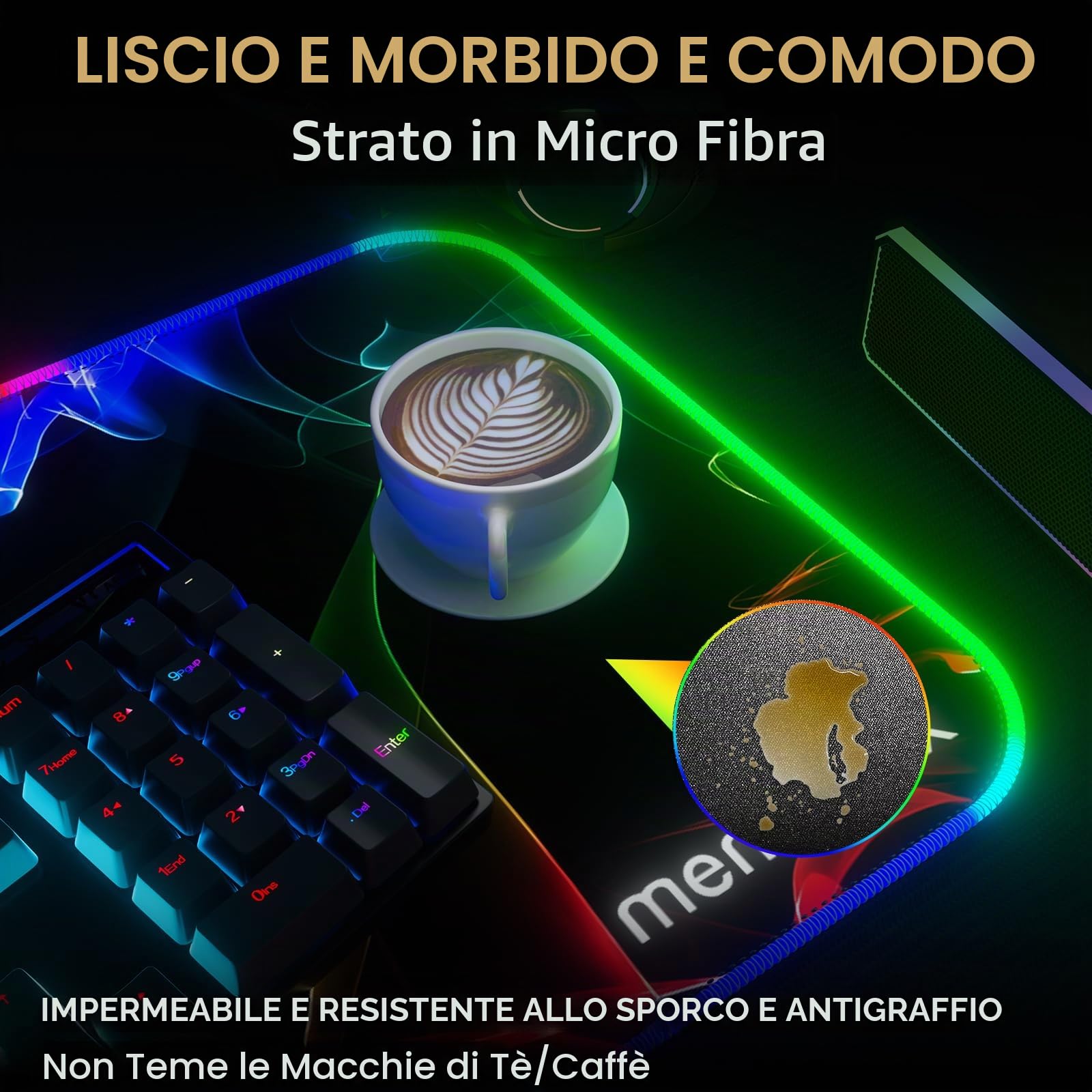 Tappetino Mouse Gaming RGB XXL – Base LED Grande Da Scrivania 80×30 cm Con 12 Modalità Di Illuminazione, Impermeabile, Base Antiscivolo, Superficie Liscia – Per Tastiera, Mouse, PC E Laptop – Design