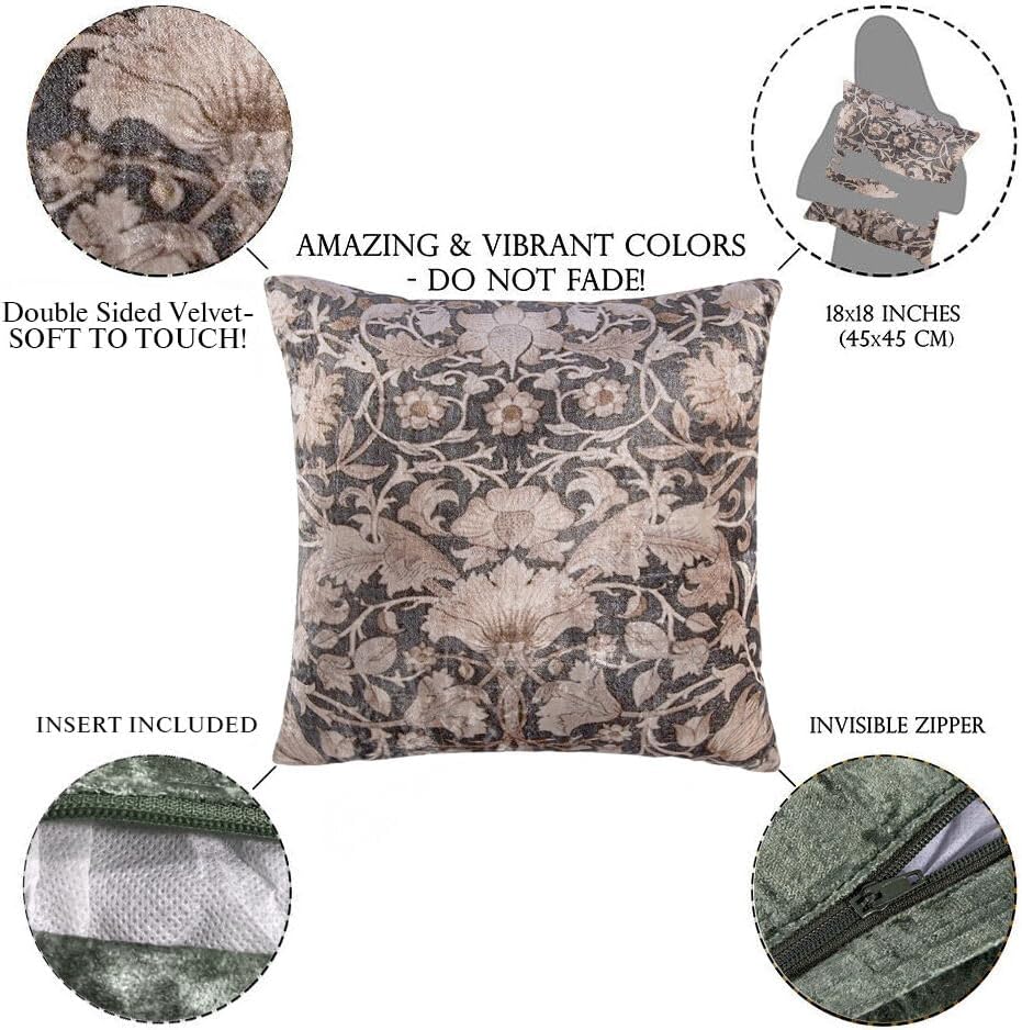 Boho Style Floral Printed Cotton Embroidered Square Decorative Pillow Decorative Throw Pillow Covers, Handmade 18x18 (Baroque Leaf Velvet)