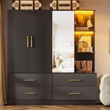 PAKASEPT 3 Door Armoire Wardrobe Closet, 70.87" H Bedroom Armoires with Drawers, Mirror, LED Light, Hanging Rod, Side Hooks, Large Capacity Storage Wardrobe Armoire for Bedroom Black