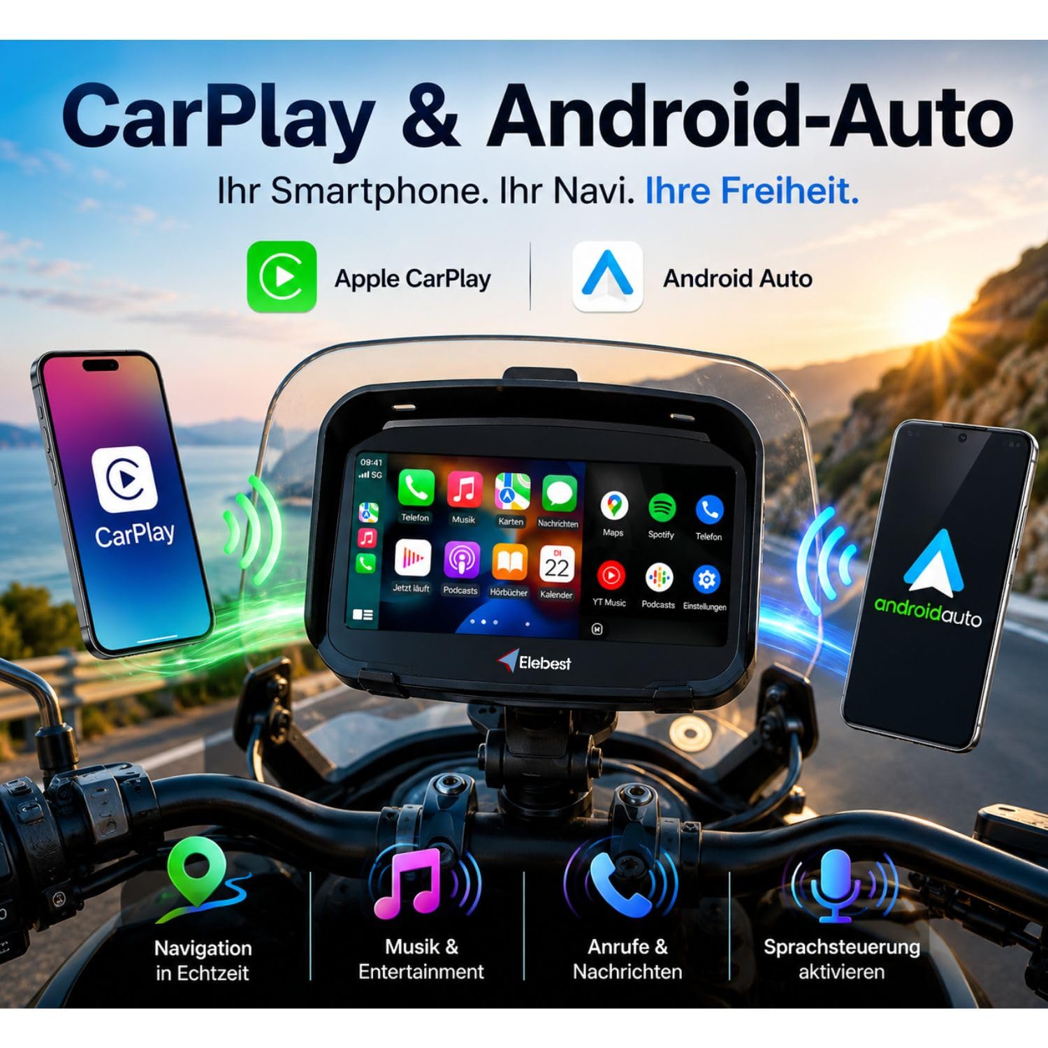 Elebest Motorrad-Navi C650 – Wasserdichtes 5" Navigationssystem mit Wireless CarPlay & Android Auto, Bluetooth, FM-Transmitter & Touchscreen für Motorrad & Auto