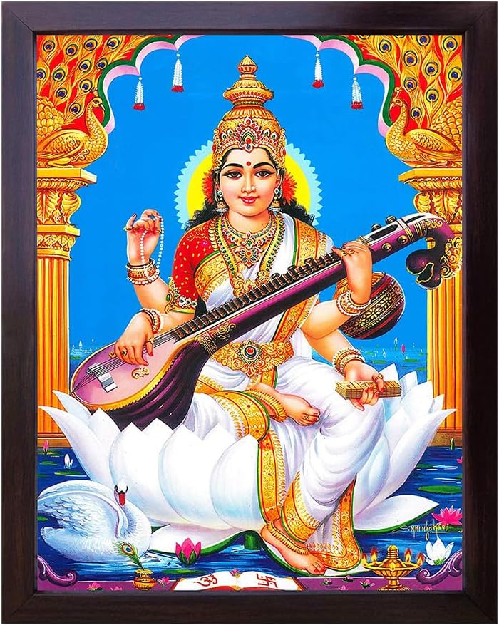 Handicraft Store Goddess Maa Saraswati with her Saraswati Veena and Sitting on Lotus Flower, Goddess of Knowledge and Wisdom, Poster Painting with Frame for Worship Gaining Knowledge and Wisdom